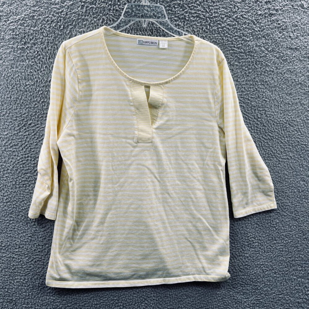IB Diffusion Women Top Extra Large Yellow White Stripe Pullover 3/4 Sleeve Shirt